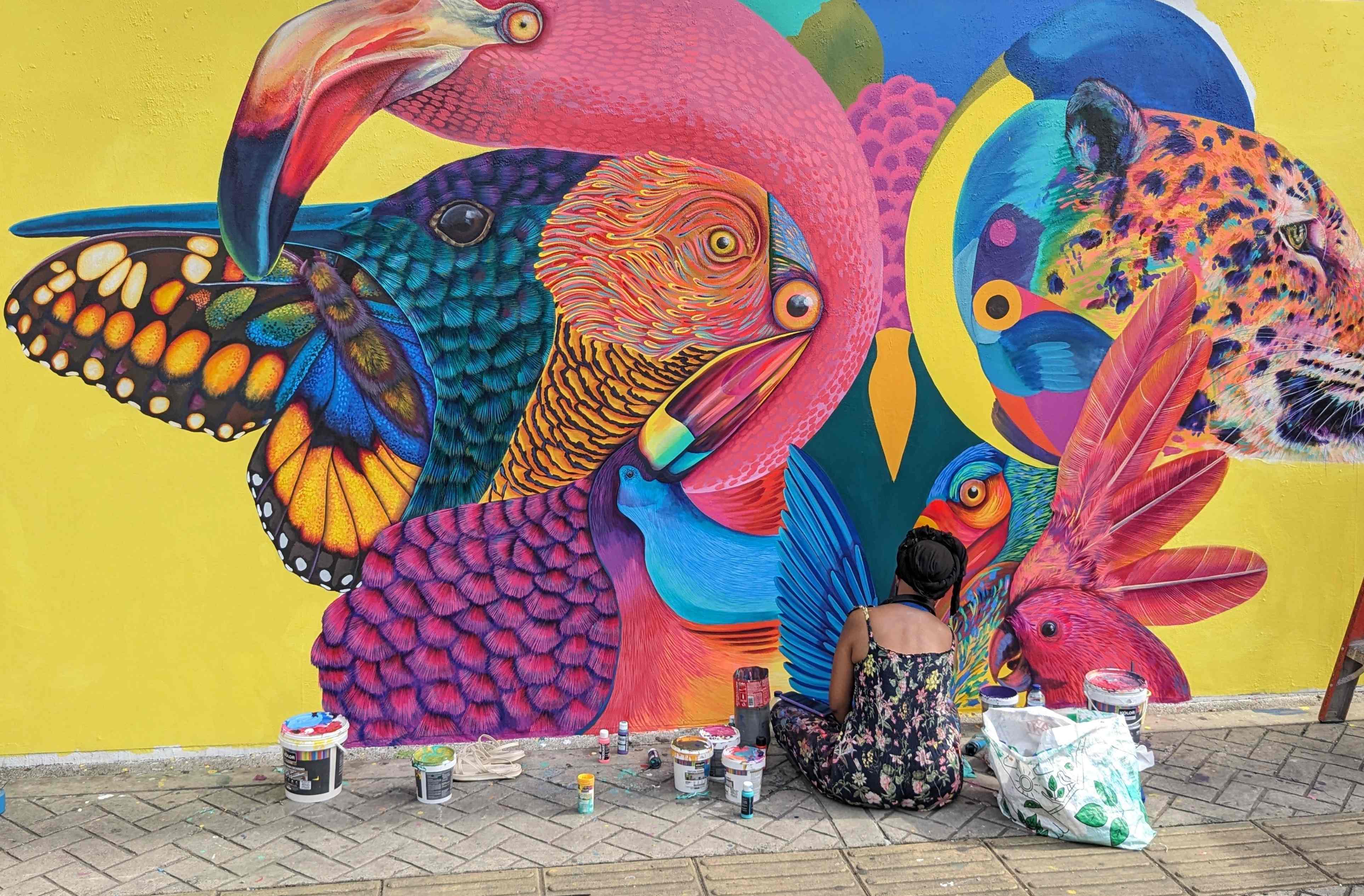 Colorful mural featuring wildlife and nature themes